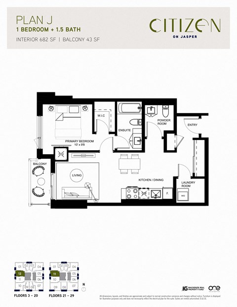 1 bed 1.5 bath J Floor Plan at Citizen on Jasper, Alberta
